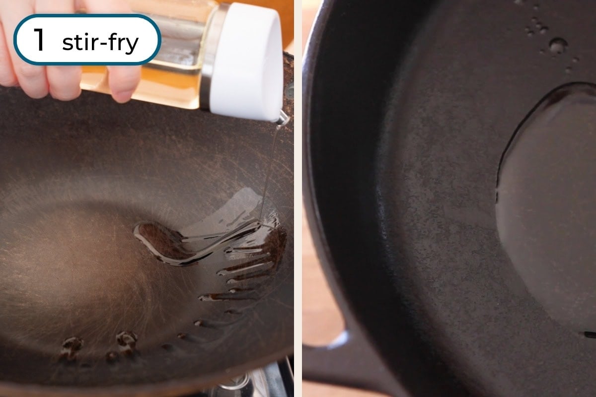 Stir-fried morning glory step 1 - Two-panel image with text "1 stir-fry" in the upper left corner.: On the left, Cindy drizzles canola oil from a bottle into a heated, empty wok. On the right, oil is in a heated cast iron pan.