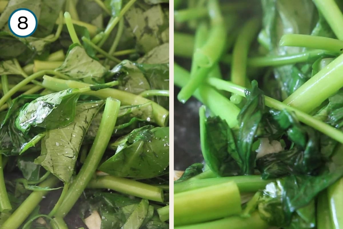 Stir-fried morning glory step 8 - Two-panel image to show the change in color once the morning glory is finished cooking: On the left, the morning glory is still cooking and a duller green. On the right, the morning glory is brighter green, showing that it's finished and ready to plate.