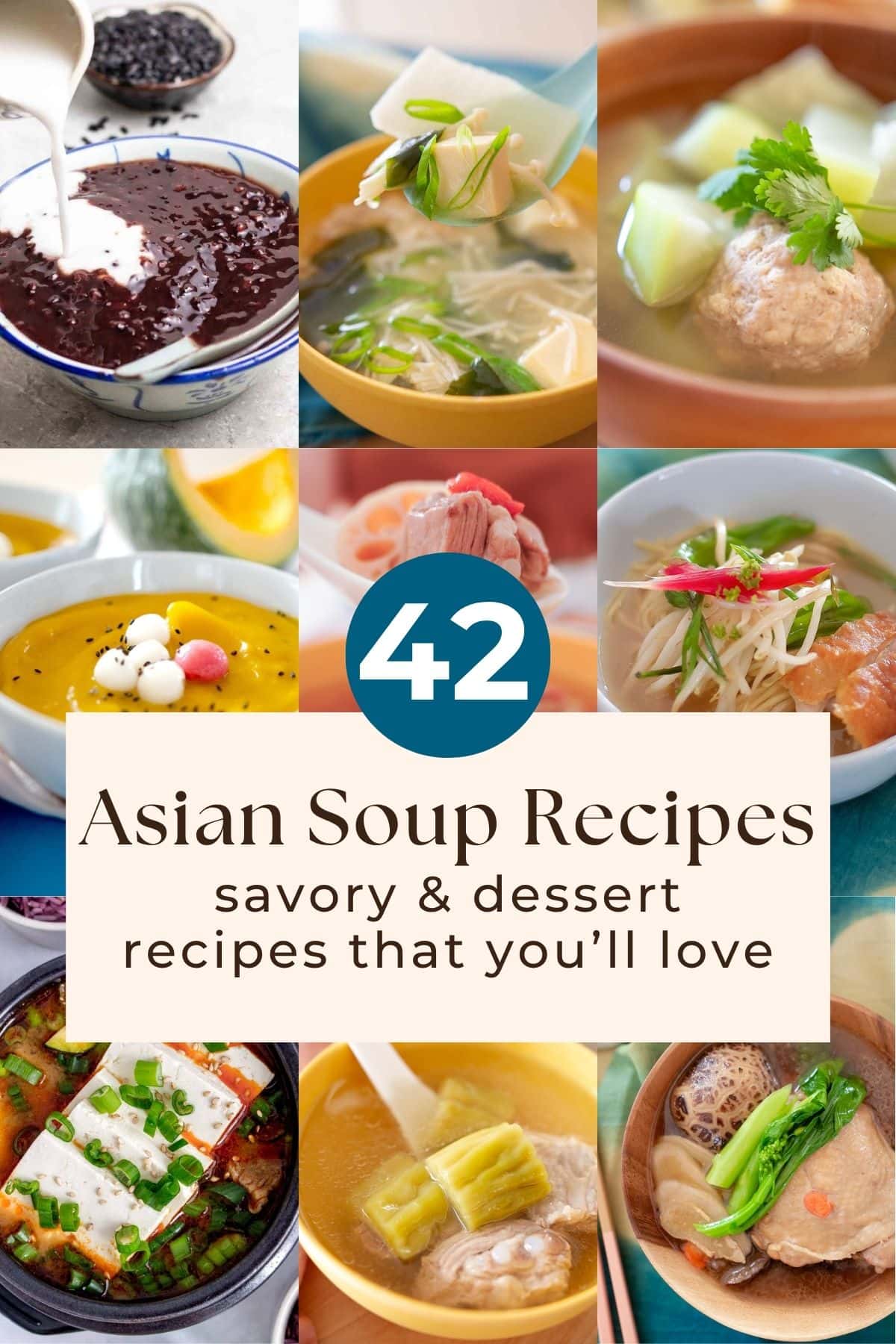 Collage of various Asian soups and dessert soups, including broths, tofu, bitter melon, meatballs, and sweet soups, with the text “42 Asian Soup Recipes: savory & dessert recipes that you’ll love” in the center.
